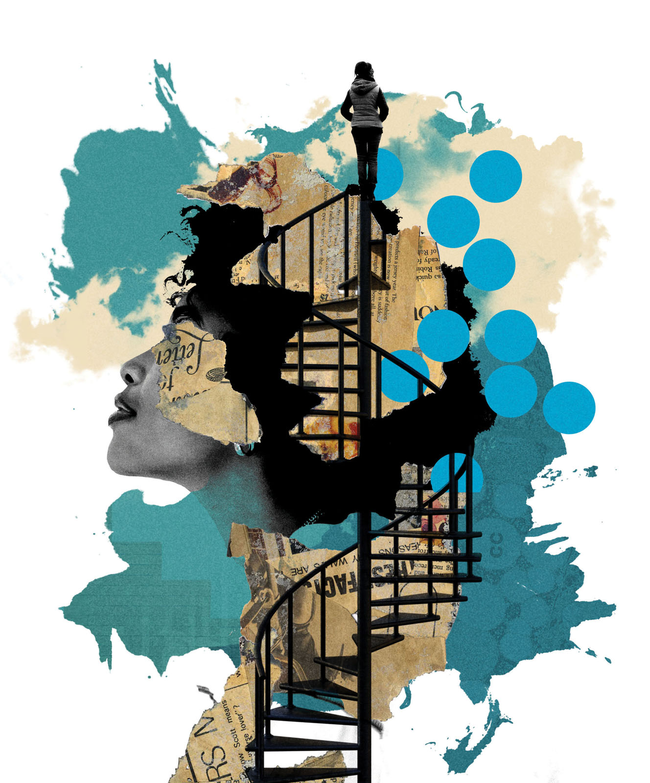 collage of woman walking up stairs