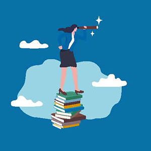 Graphic shows woman atop books in the clouds