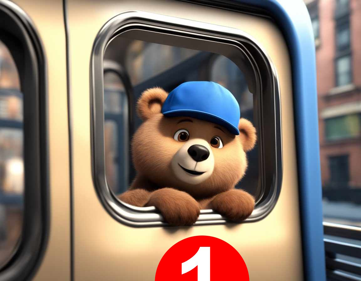 A bear in the window of a subway car