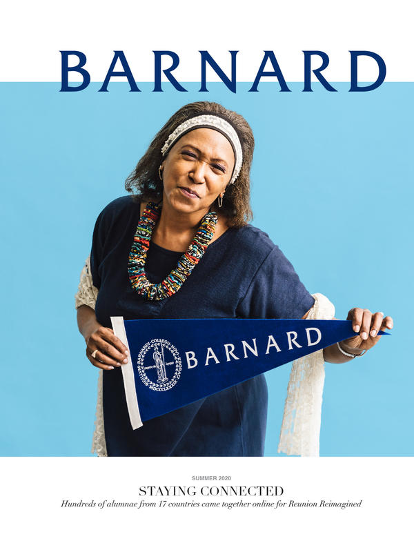 Black woman holding a Barnard pennant on the summer 2020 cover of Barnard Magazine
