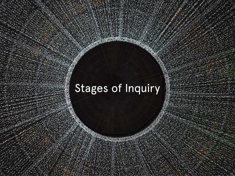 Stages of Inquiry, white text on black background with rays of white lights shooting out