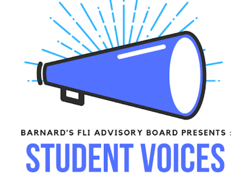 illustration of a megaphone above Barnard's FLI advisory board presents student voices