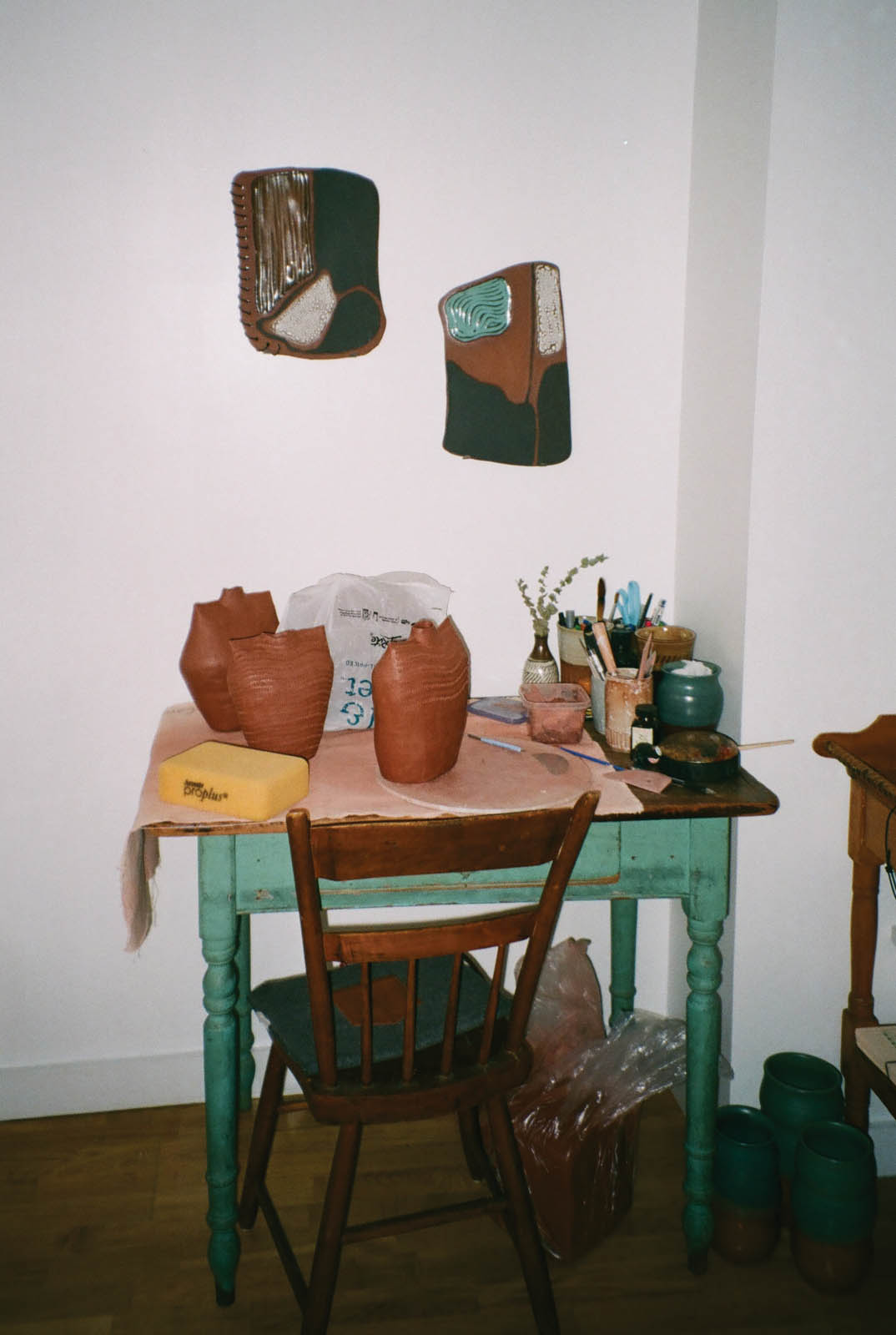 art desk with ceramics