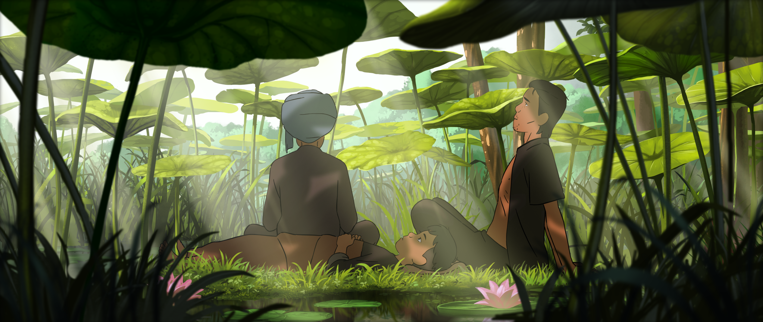 cartoon of three people in a forest 