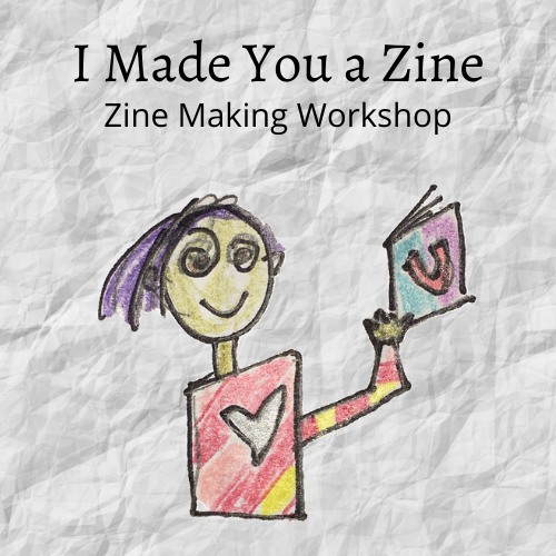 Crayon sketch of a person holding a zine.