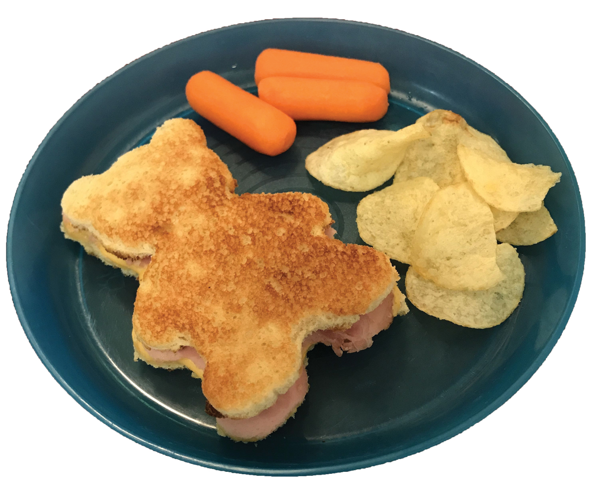 A picture of sandwich shaped like bear with carrots and potato chips. 