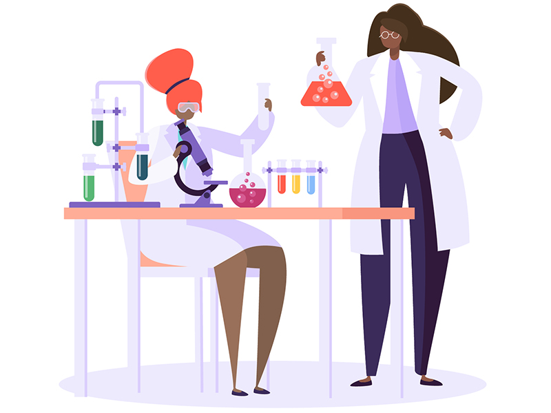 Illustration of two black women in lab coats doing chemistry
