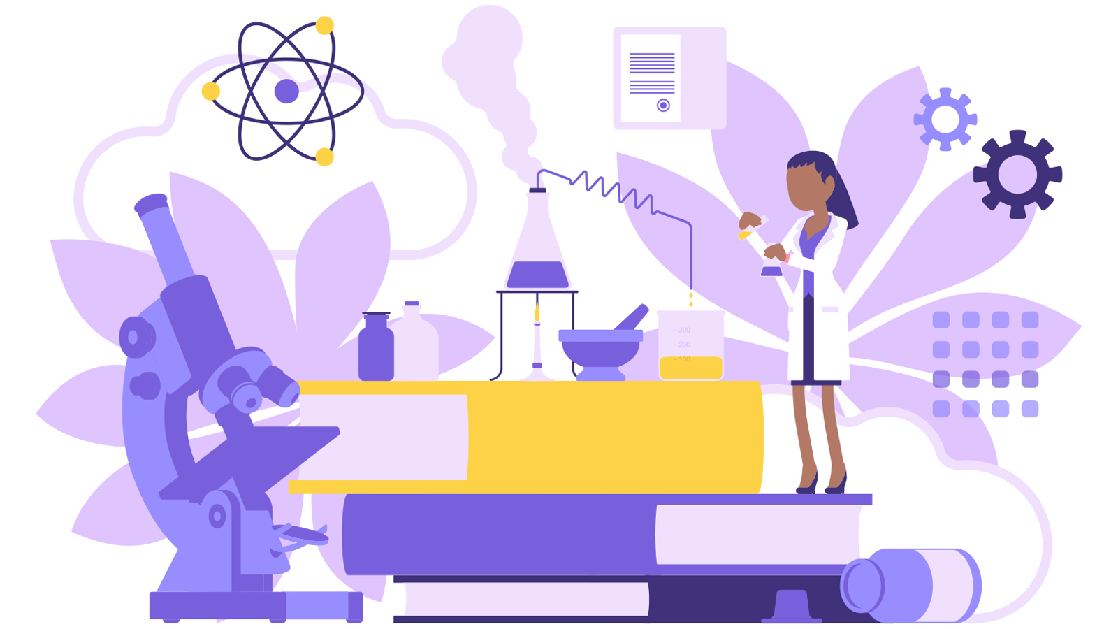 Illustration of black woman performing a titration next to a giant microscope
