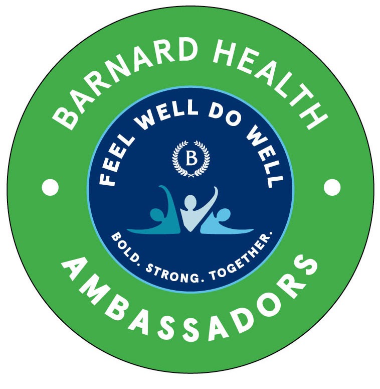 Barnard Health Ambassador Logo with outer circle in green that says "Barnard Health Ambassadors" and inner circle in blue that says "Feel Well Do Well." 