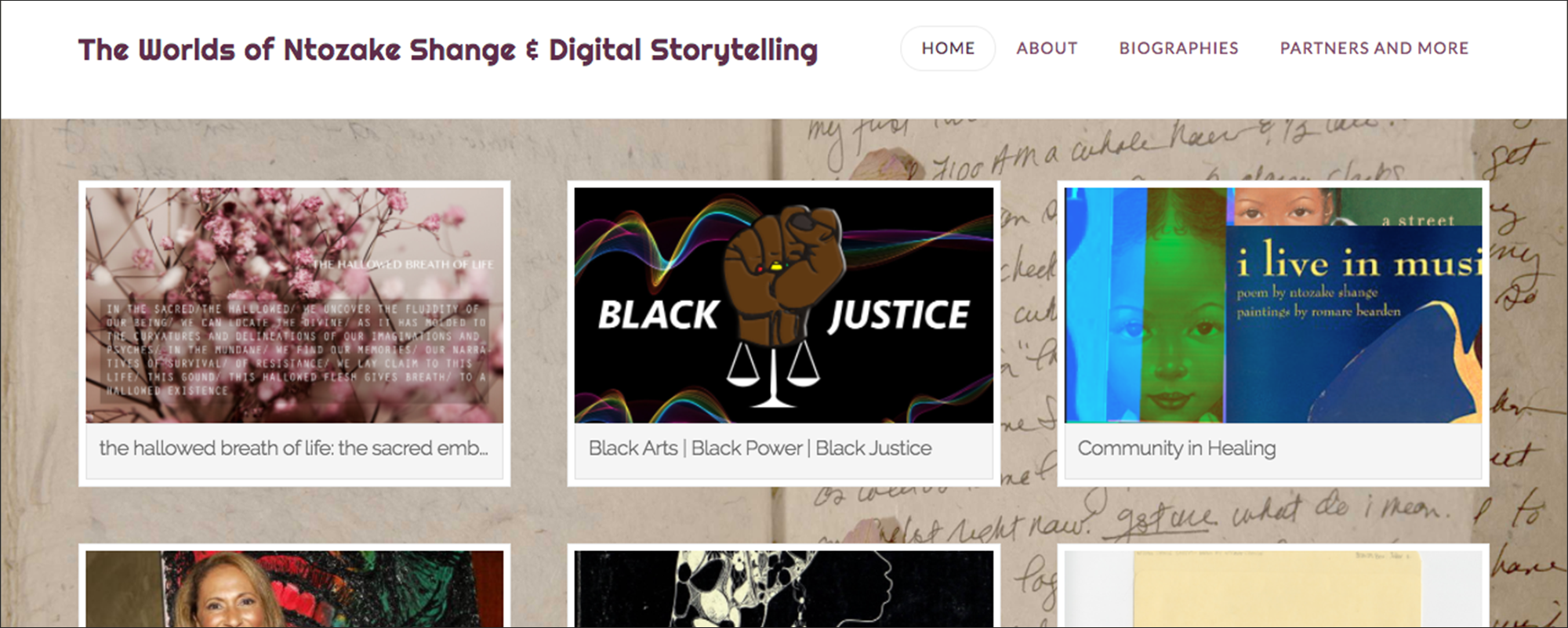 Screenshot of the course website, The Worlds of Ntozake Shange and Digital Storytelling 