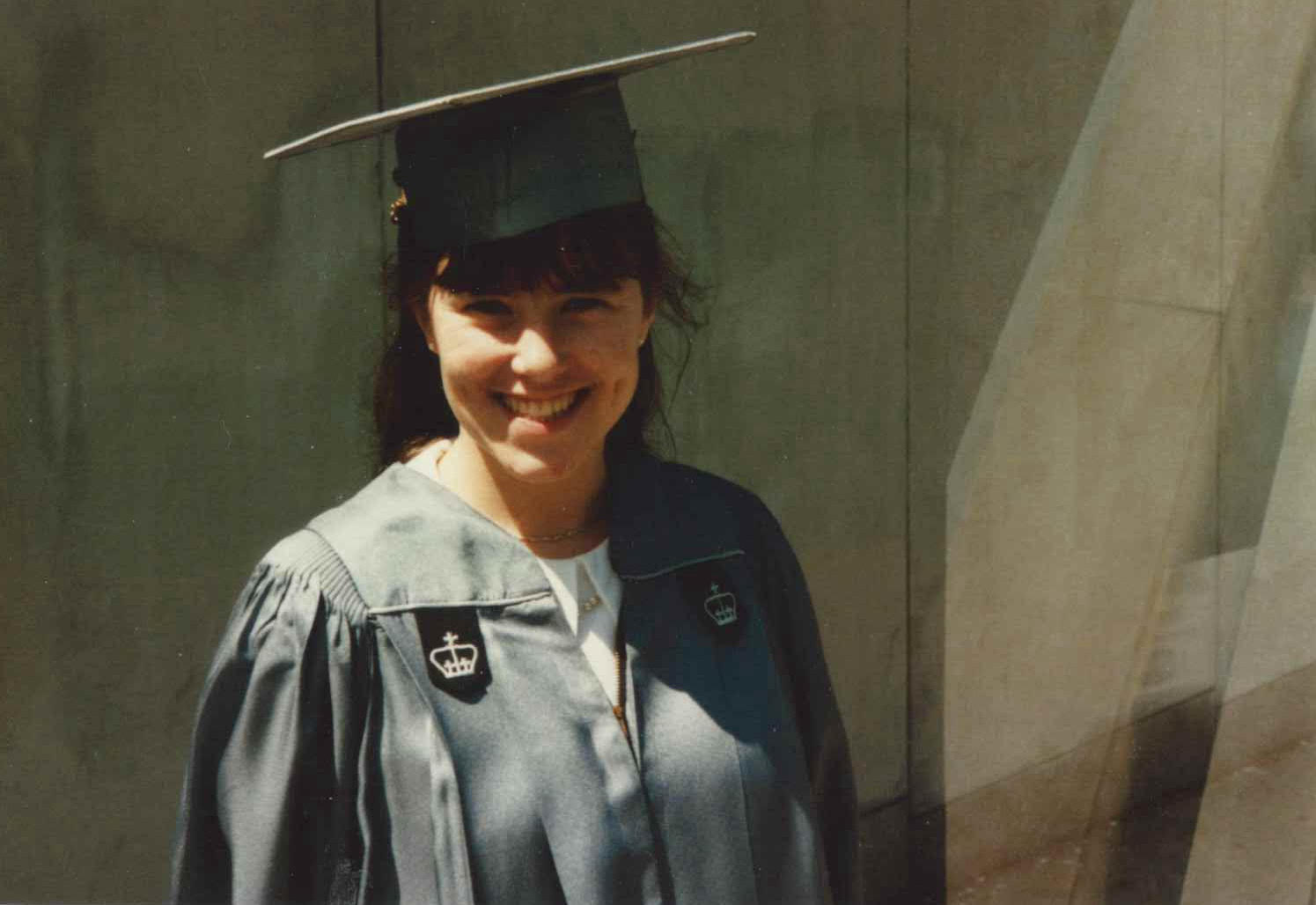 Leonard in 1987 wearing a cap and gown