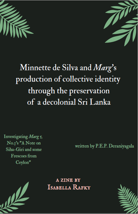 zine cover: green tropical leaves in the corners, dark blue background