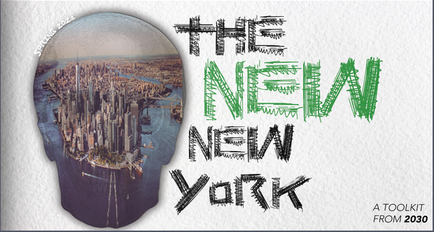 zine cover: photo of Manhattan Island in a skull outline, title in green and black