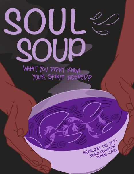 zine cover: brown hands holding a bowl of purple soup