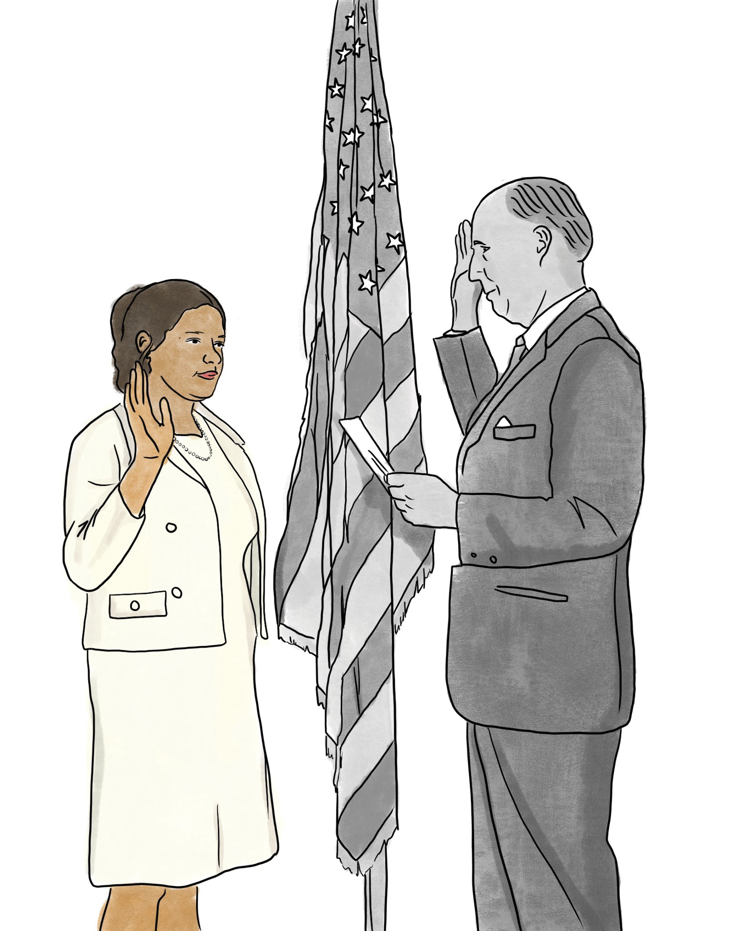A woman being sworn into office in front of an American flag