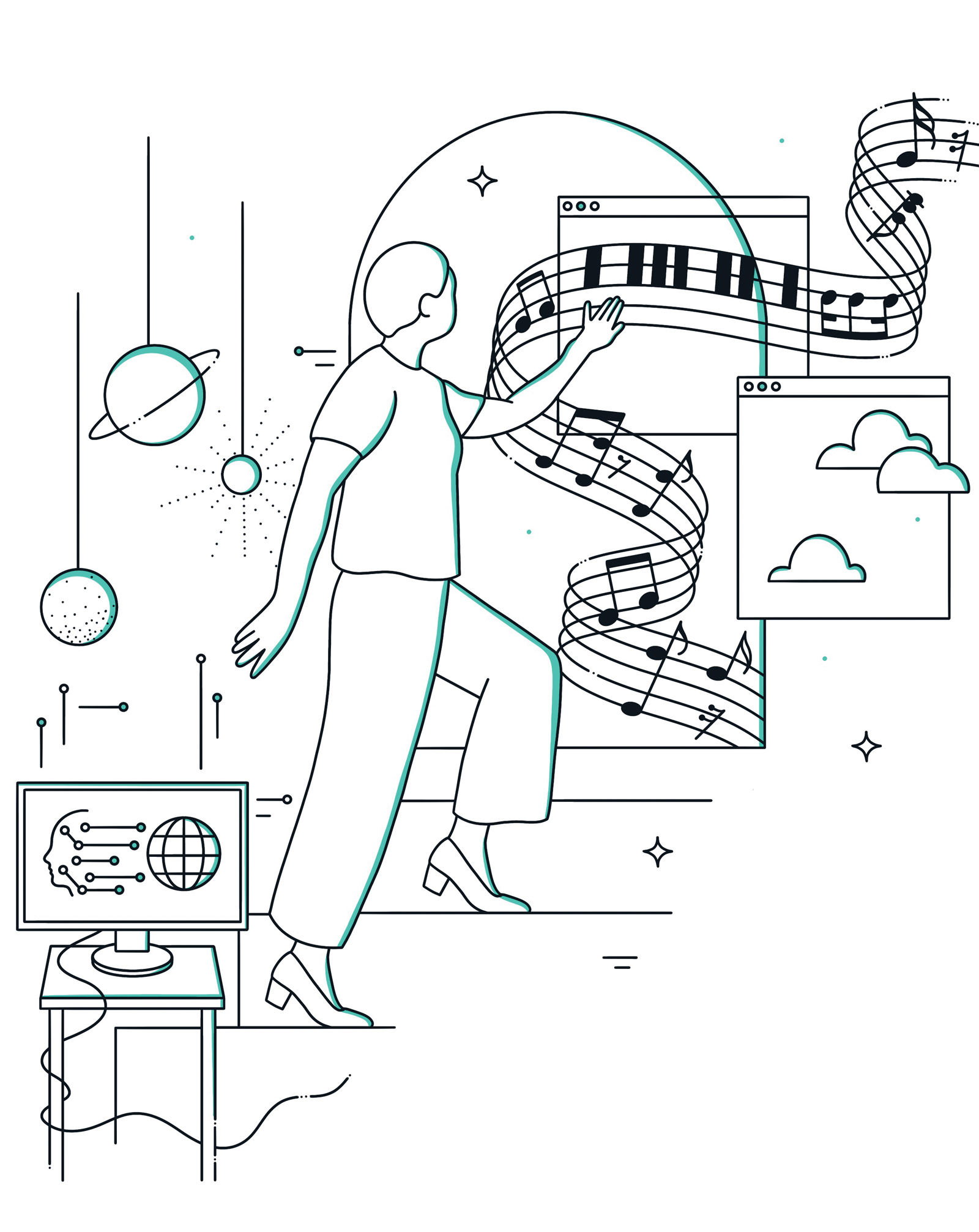 Sketch of a person ascending up steps and reaching out to musical notes