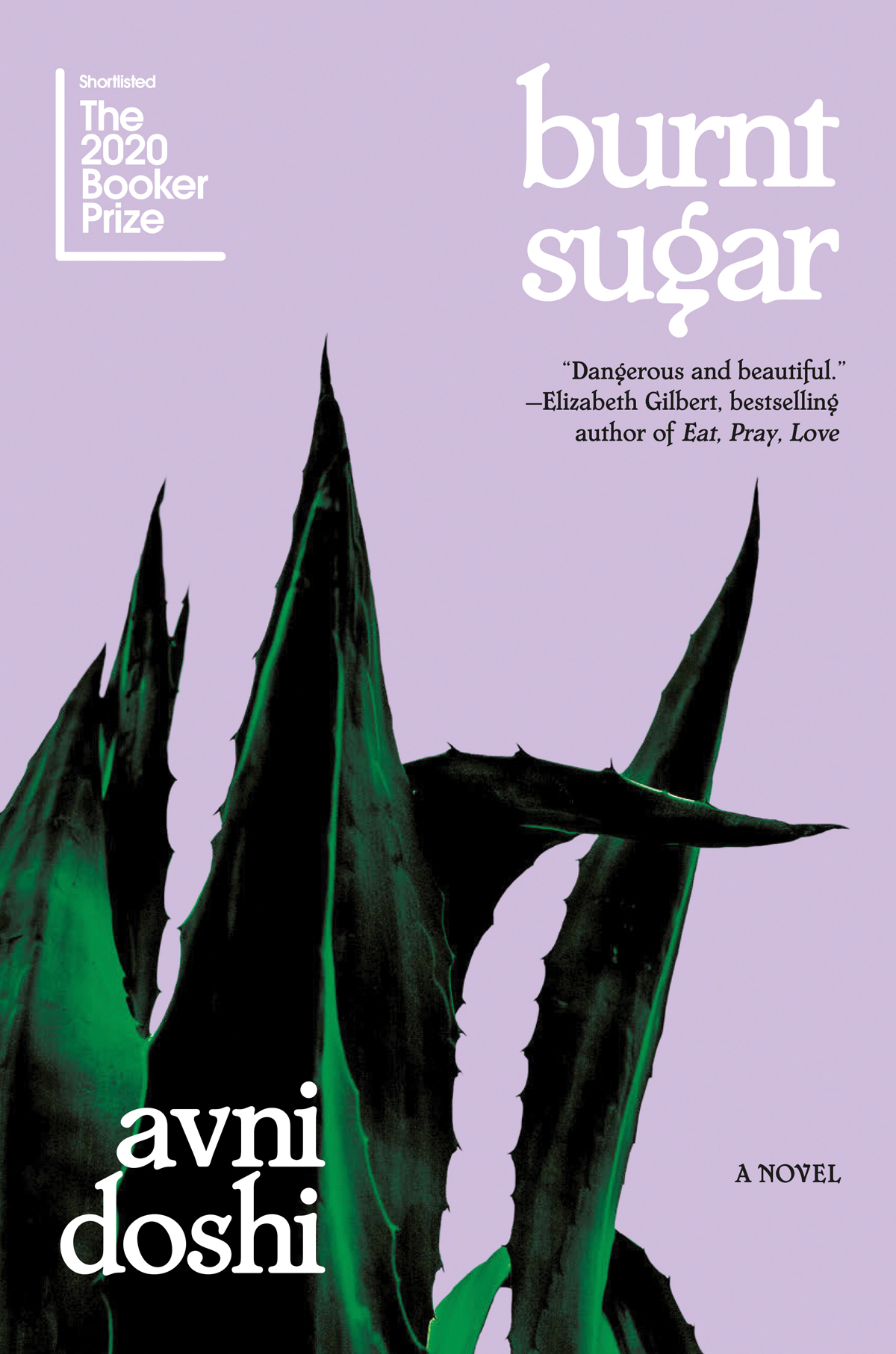 Cover for the book "Burnt Sugar" which has an aloe plant on a lavender background