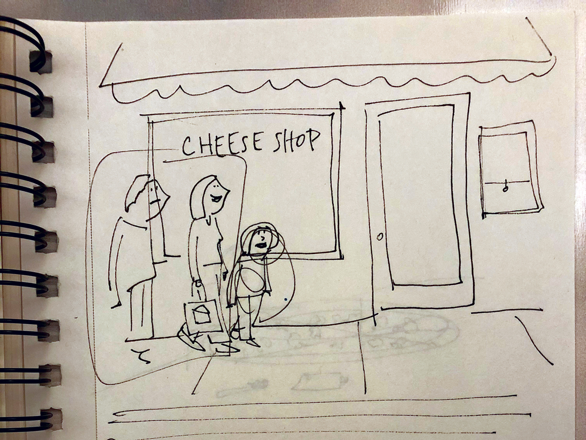 Early sketch of three people walking into a cheese shop