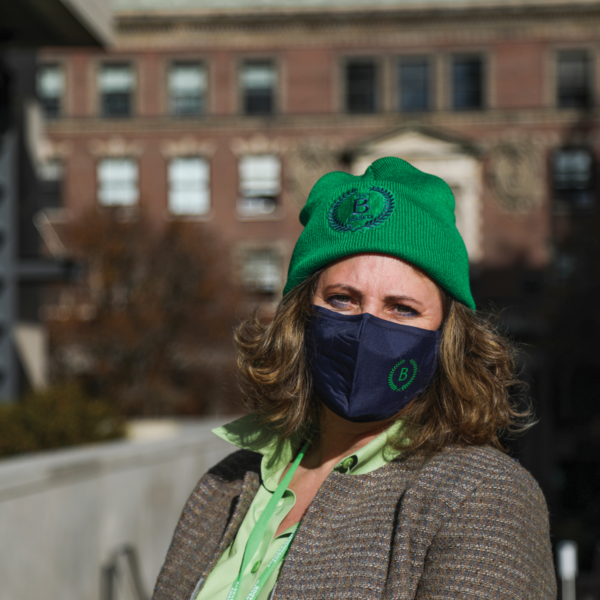 Headshot of Cindy Krumhoitz wearing Barnard health ambassador mask