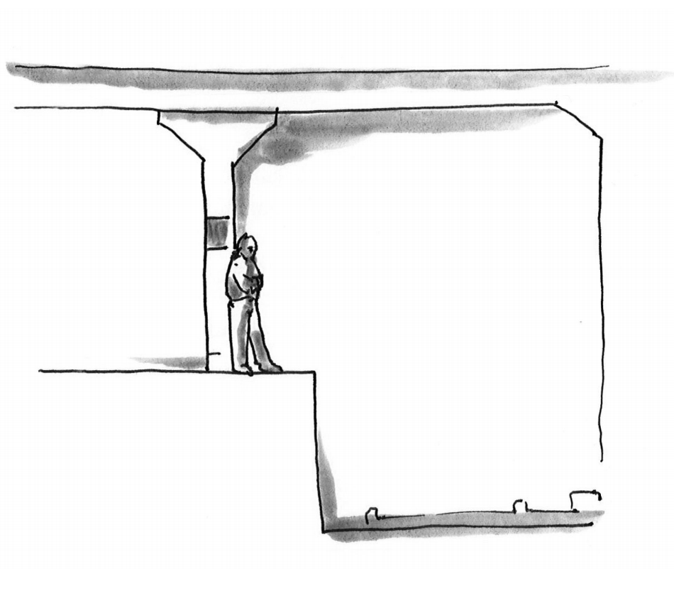 illustration of someone leaning against a support pole on the subway platform