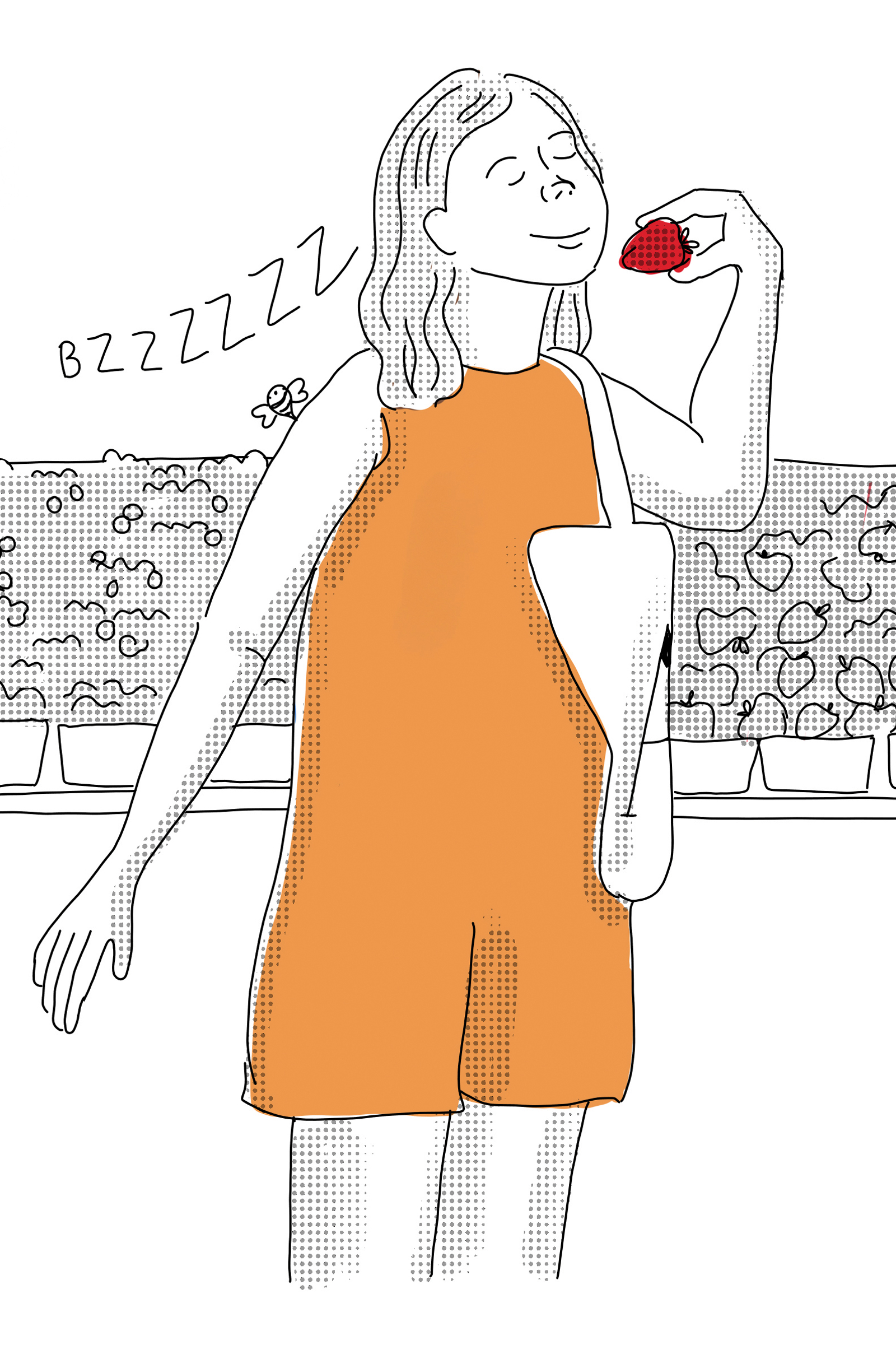 Illustration of woman sniffing a berry at a farmer's market