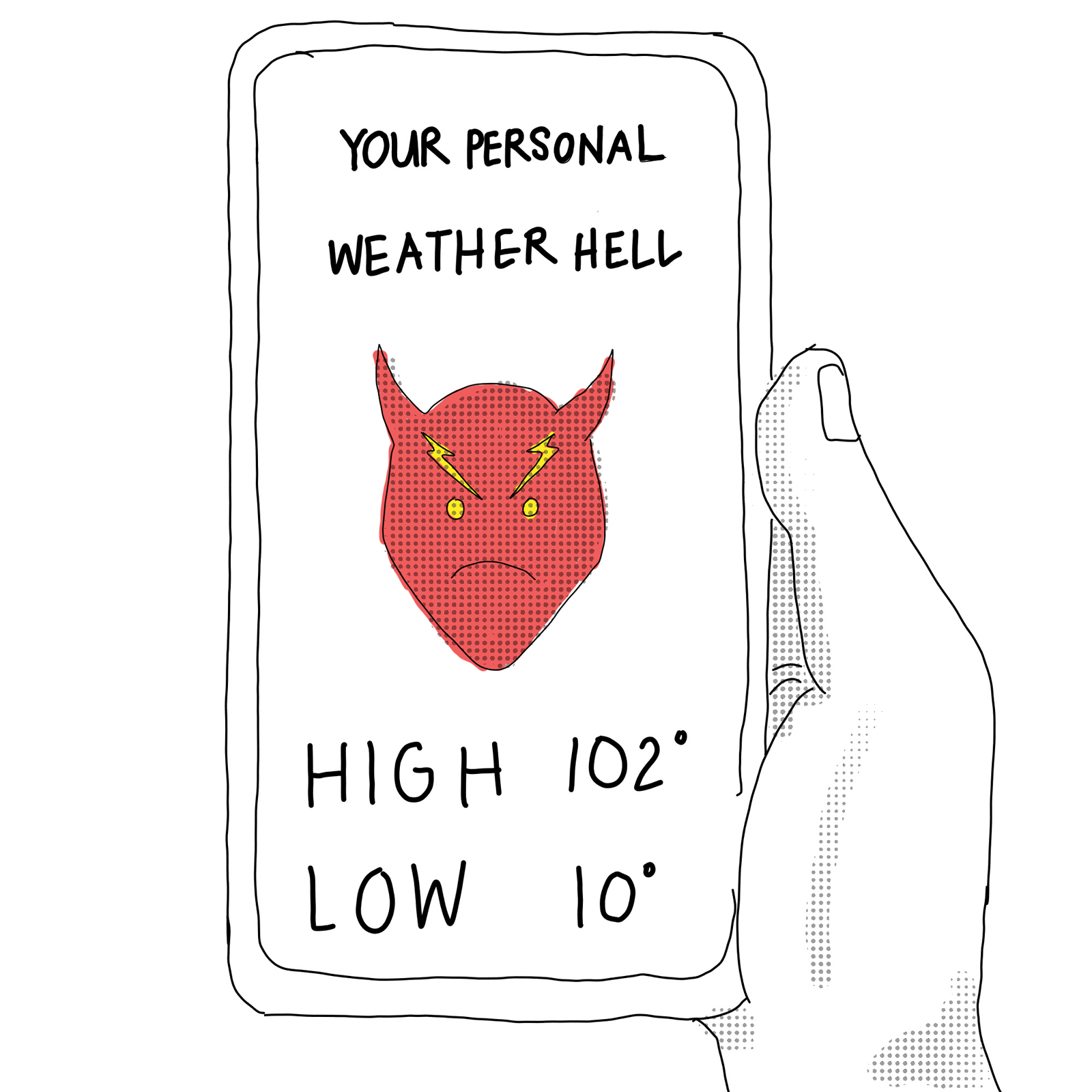 Illustration of a phone weather app with a devil-face emoji