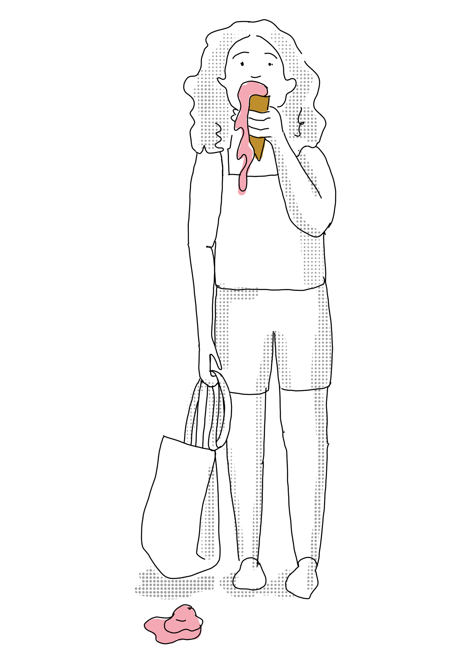 Illustration of woman eating melting ice cream 