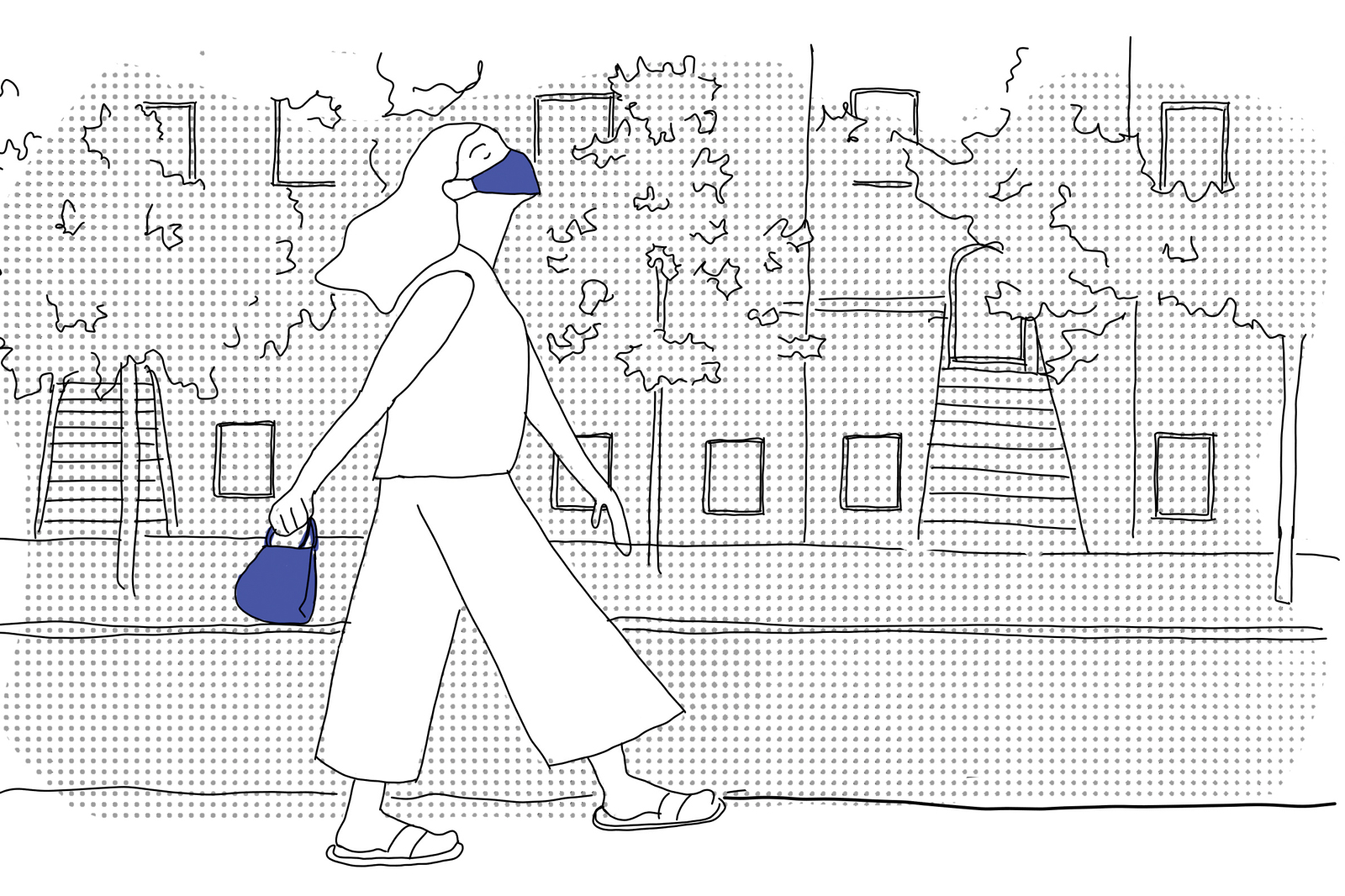 Illustration of woman walking leisurely through city streets in springtime