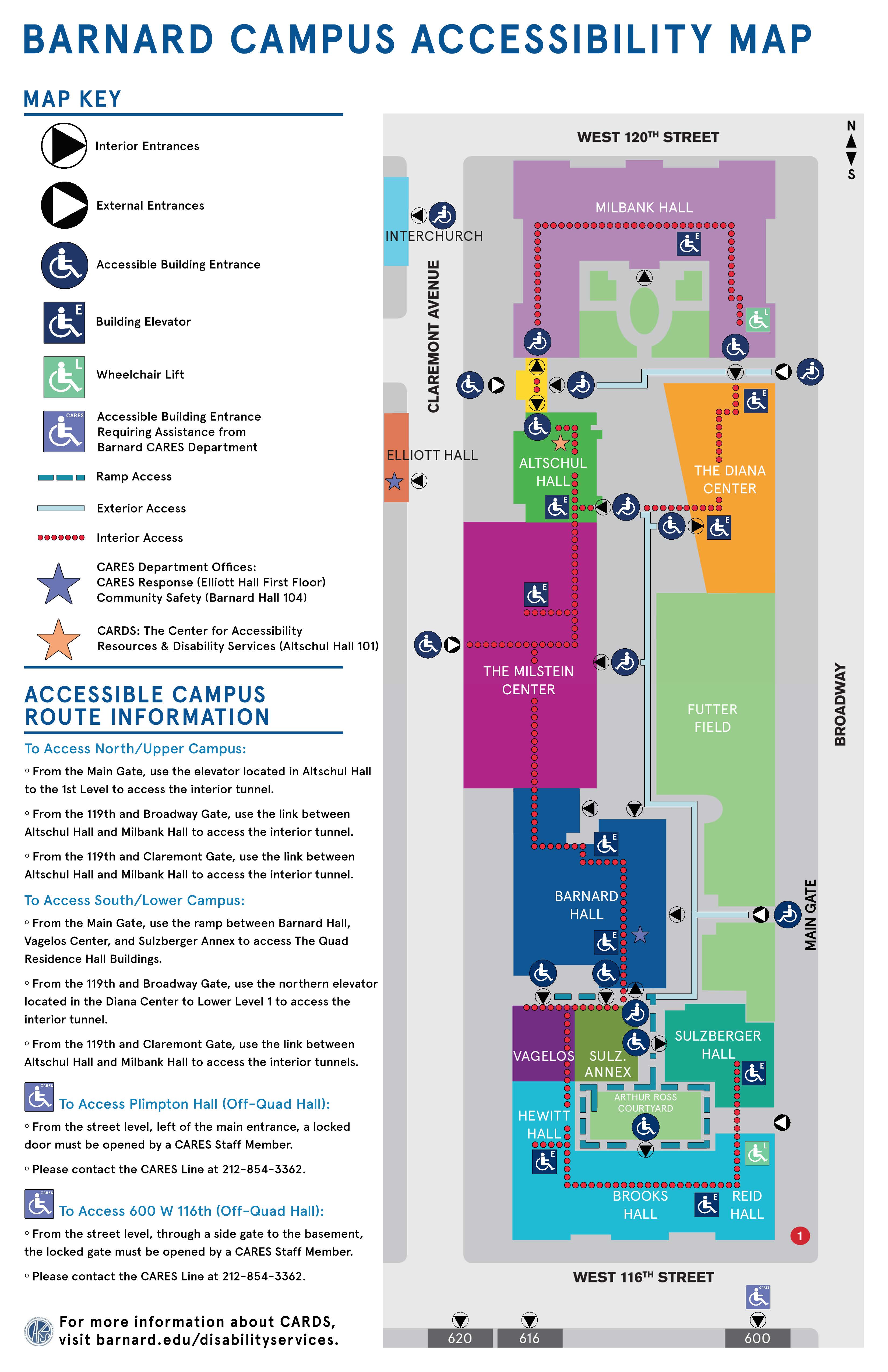 Map of Barnard campus showing wheelchair accessible entrances and wheelchair accessible routes. Accessible entrances to campus are at the main gate and at the 119th street entrance. The wheelchair accessible route through campus is via the tunnels between Sulzberger Hall through Milbank Hall. For more information, contact CARDS at cards@barnard.edu