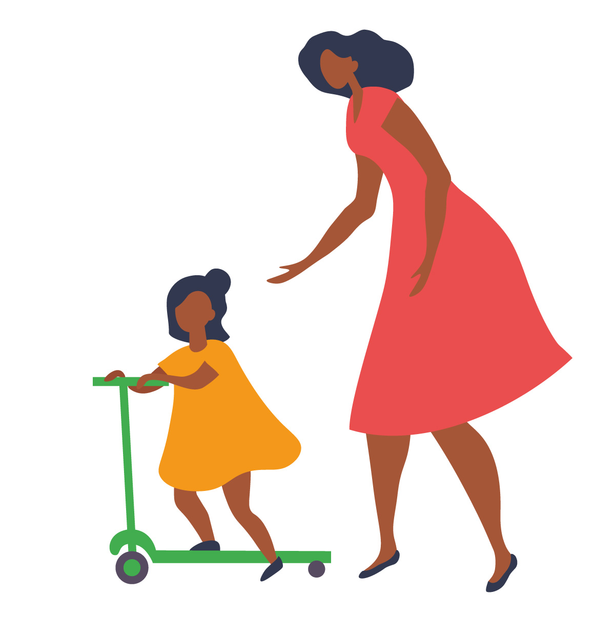 Illustration of a parent following behind a child who is on a scooter