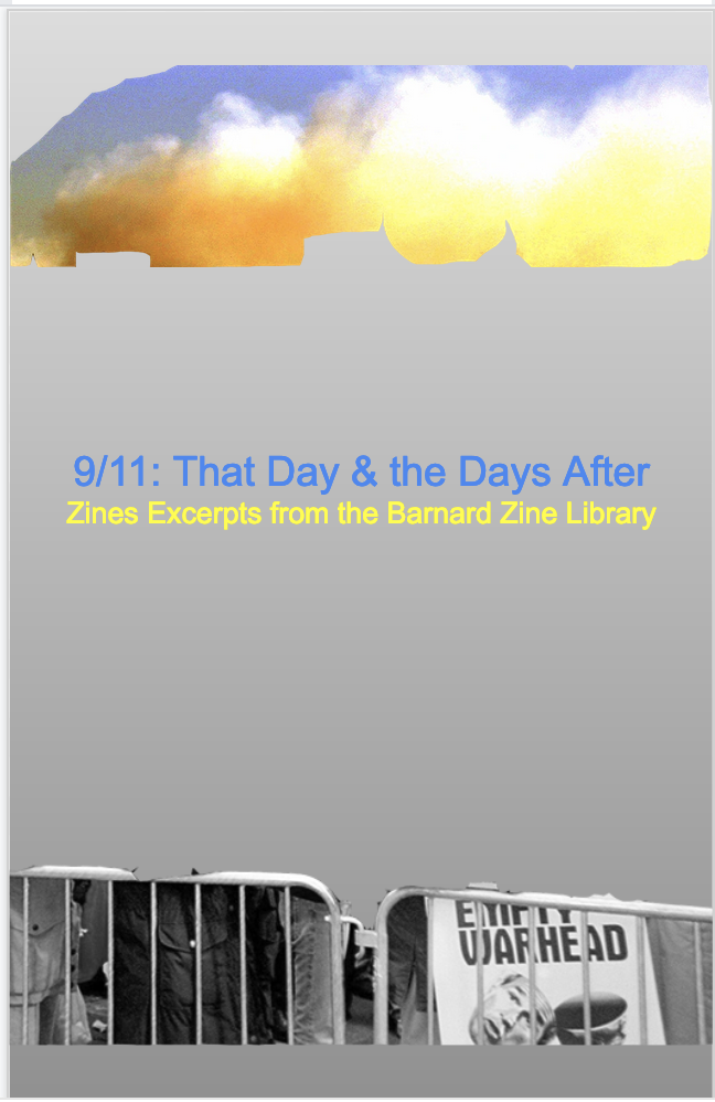 zine cover: colorul clouds, title, protest signs and gray background