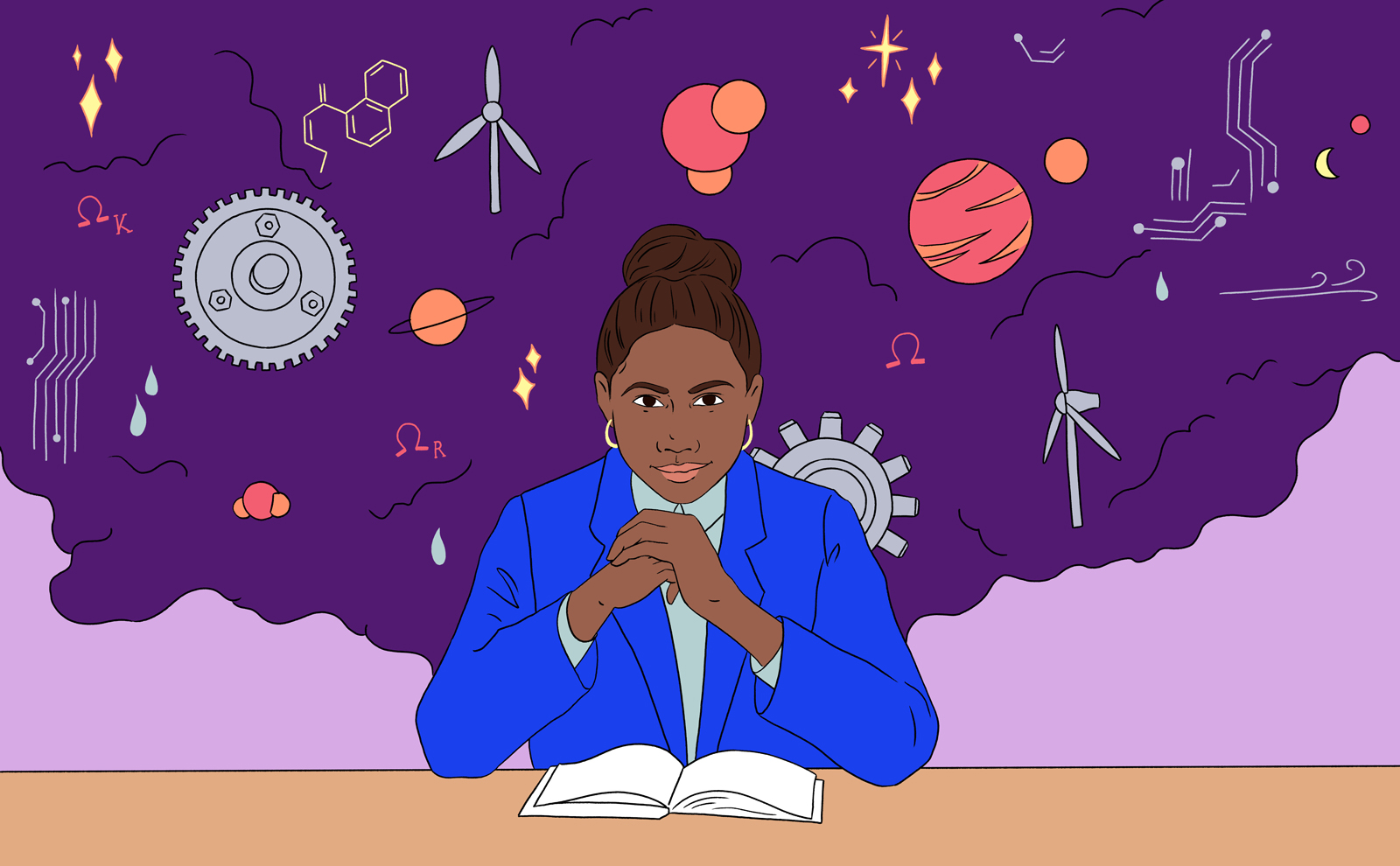 A scientist sits in front of a purple background