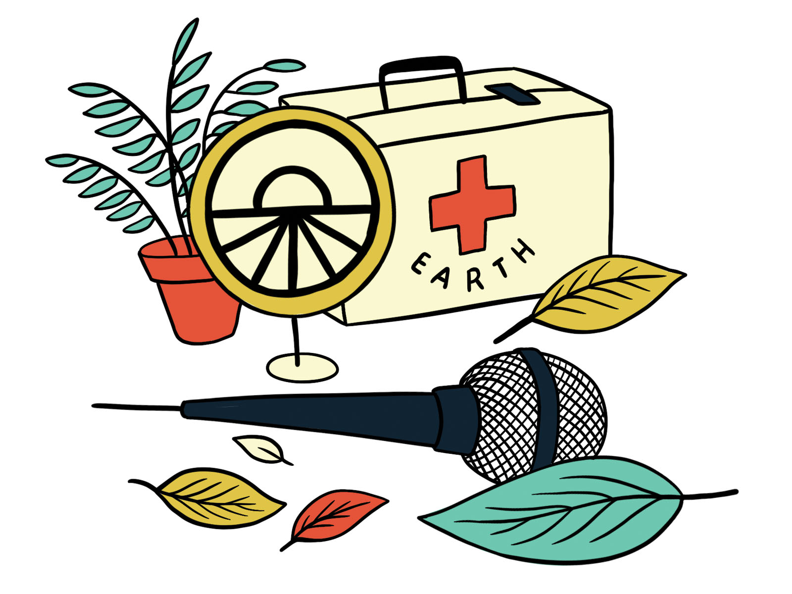 drawing of objects, mic and first aid kit
