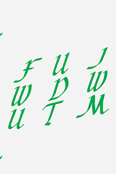 zine cover: cursive title in all caps in green, three per line