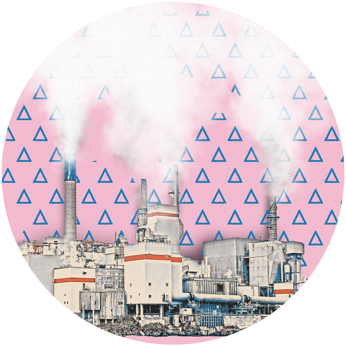 A graphic illustration of factory towers with smoke on a pink background