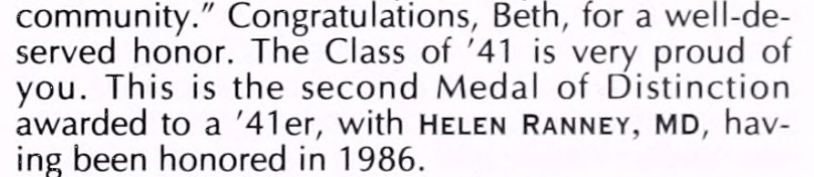 A section of the 1993 Summer/Fall class notes for the class 1941 congratulating Davis-Trussel on her award.