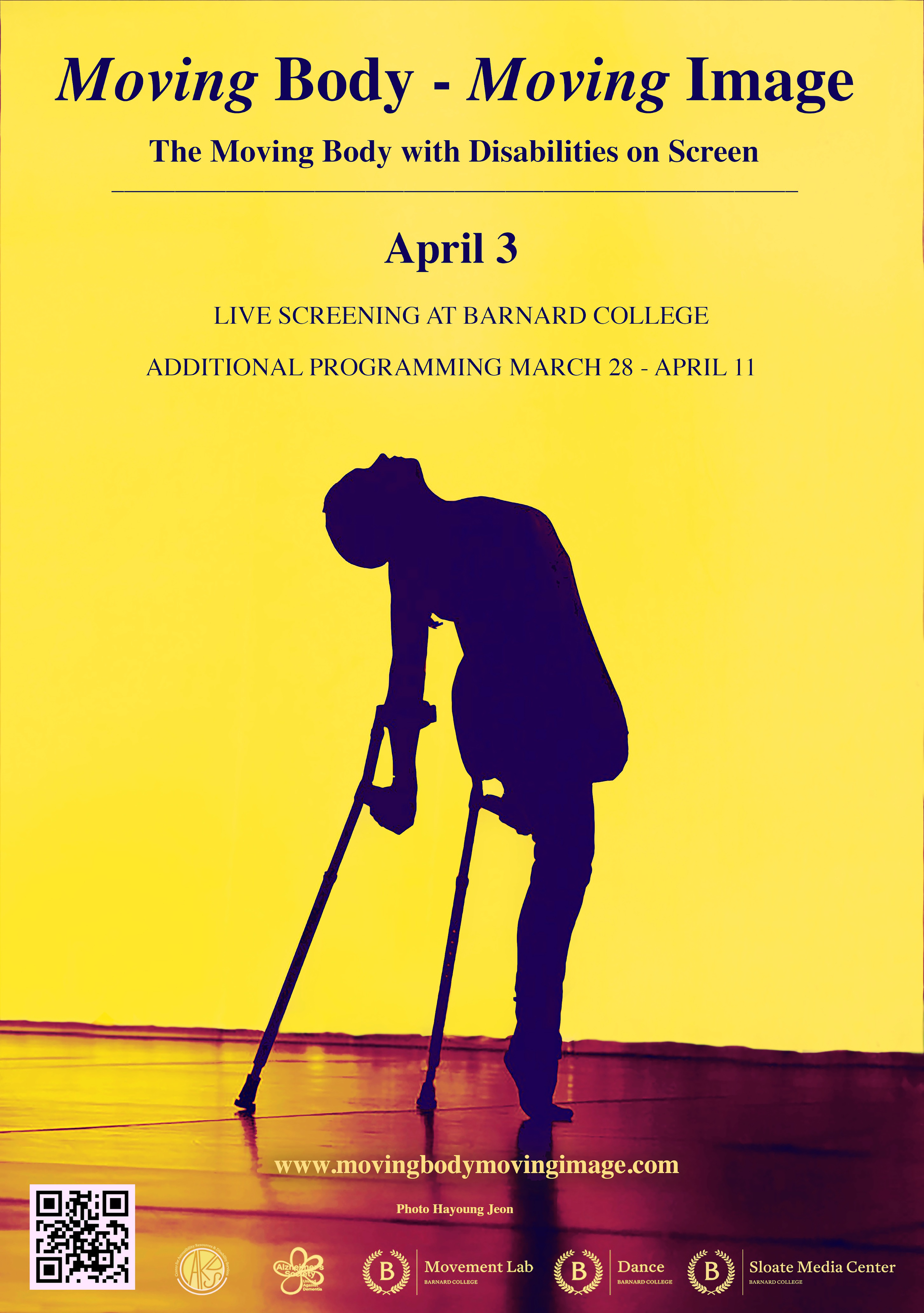 A poster promoting the Moving Body Moving Image 2022 Festival featuring a silhouette of a person on crutches against a yellow background