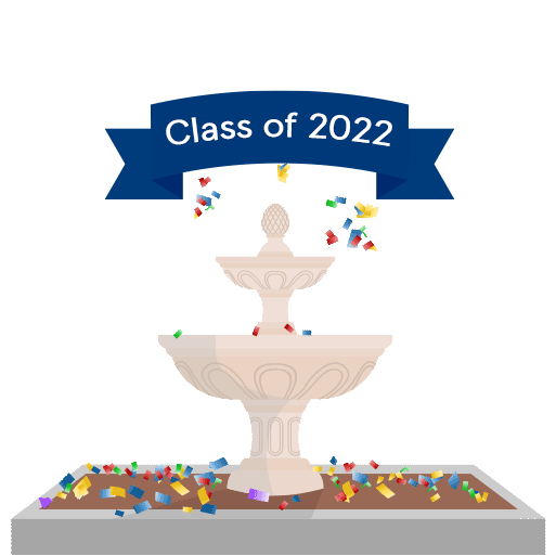 "Class of 2022" banner over a fountain with animated confetti 