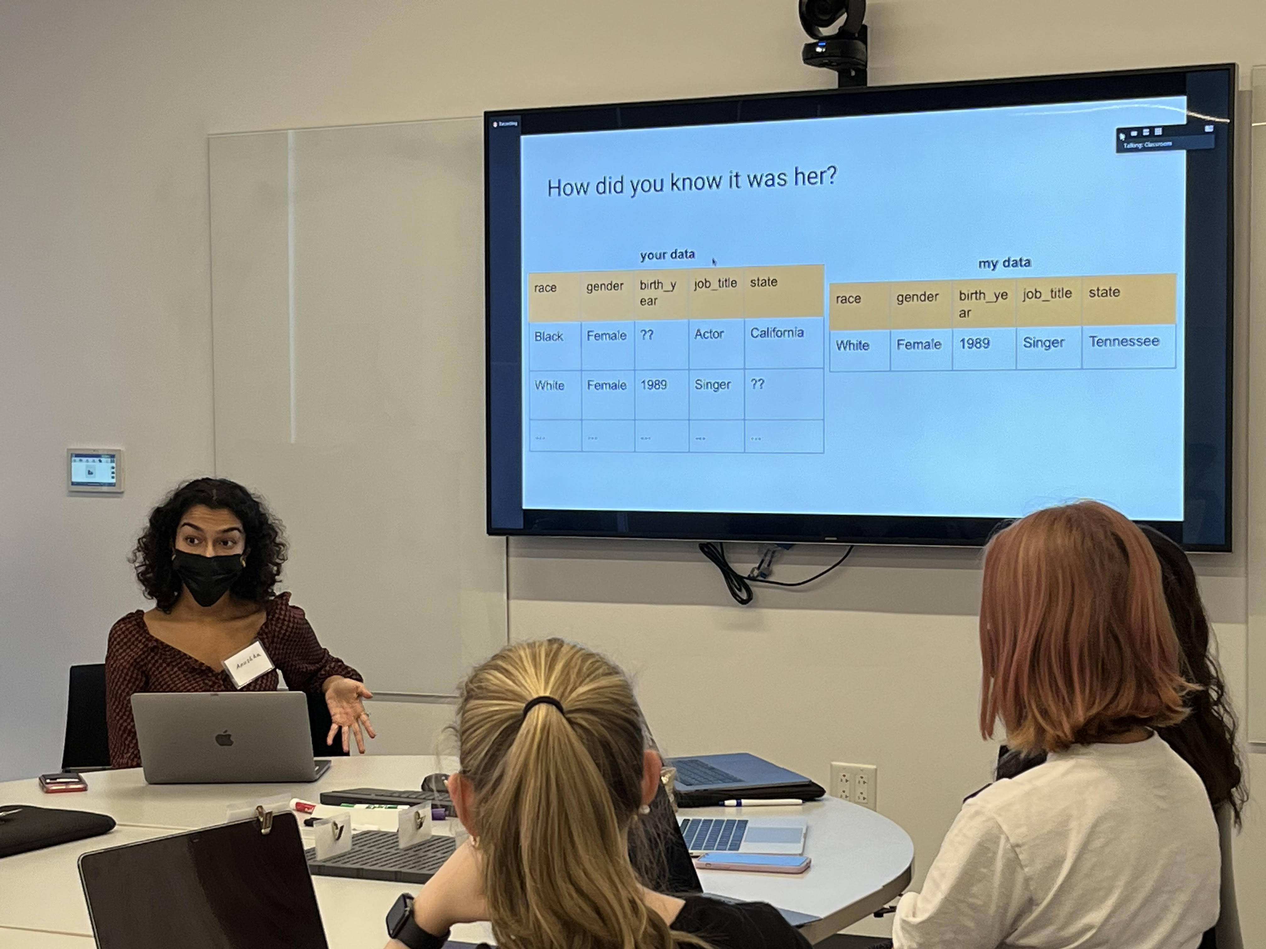 A computing fellow leads a data privacy workshop (with slides show on screen behind her). The backs of students' head is visible in the foreground.s  