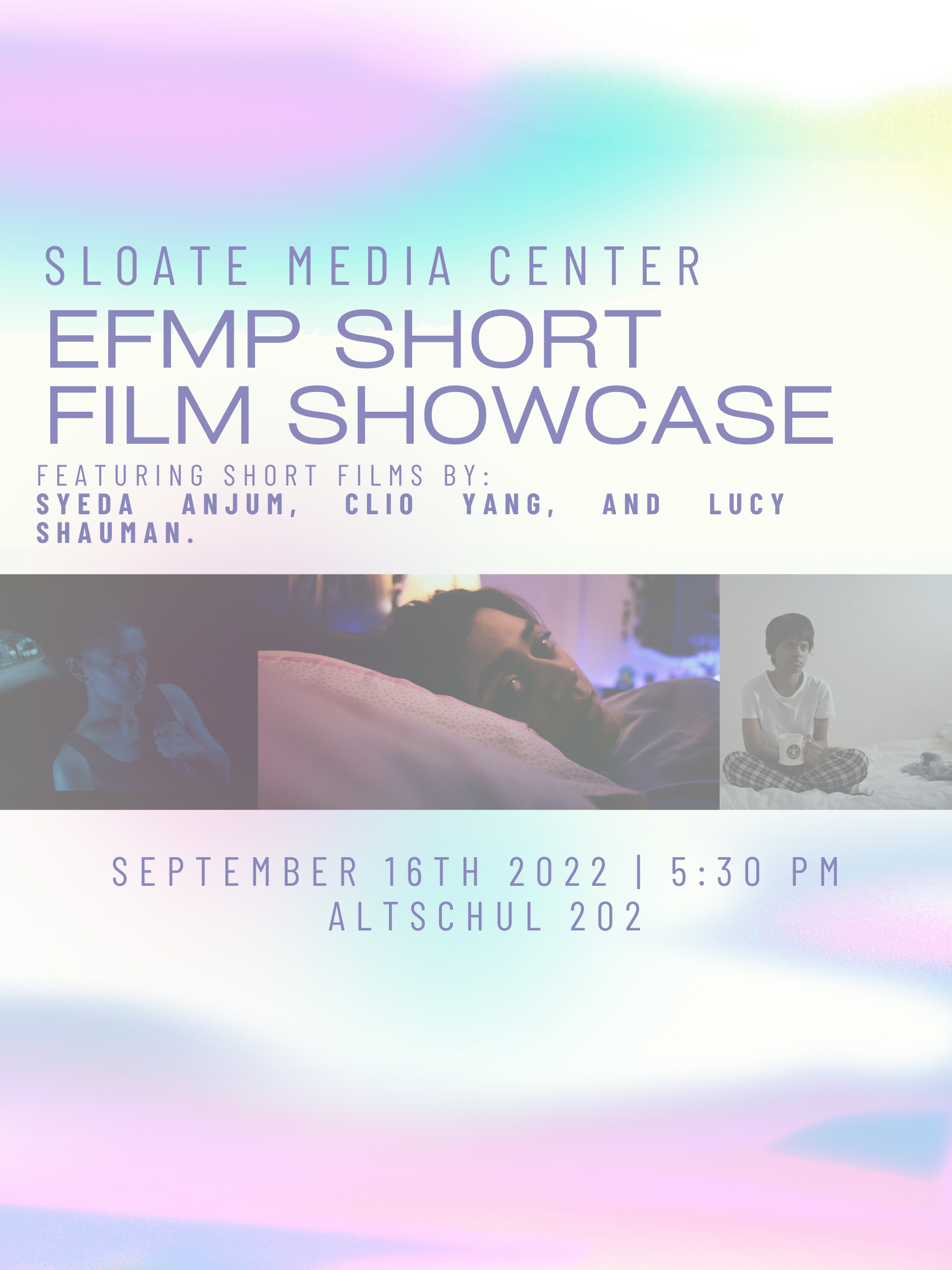 text graphic with pastel blur background and three stills from three featured EFMP shorts