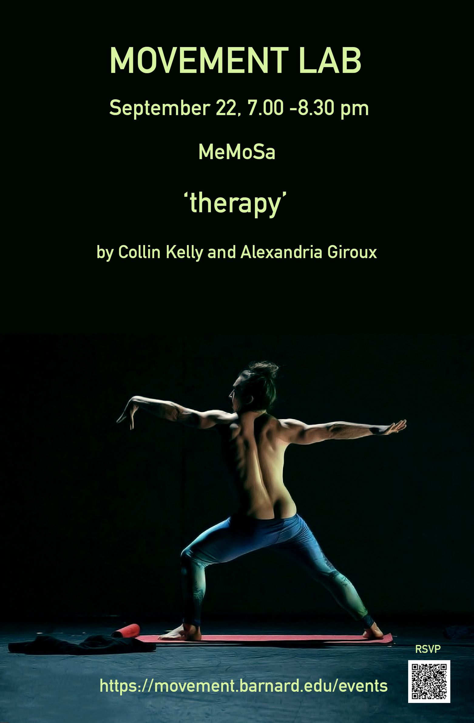 A poster publicizing Collin Kelly's MeMoSa featuring a picture of Collin Kelly shirtless doing yoga