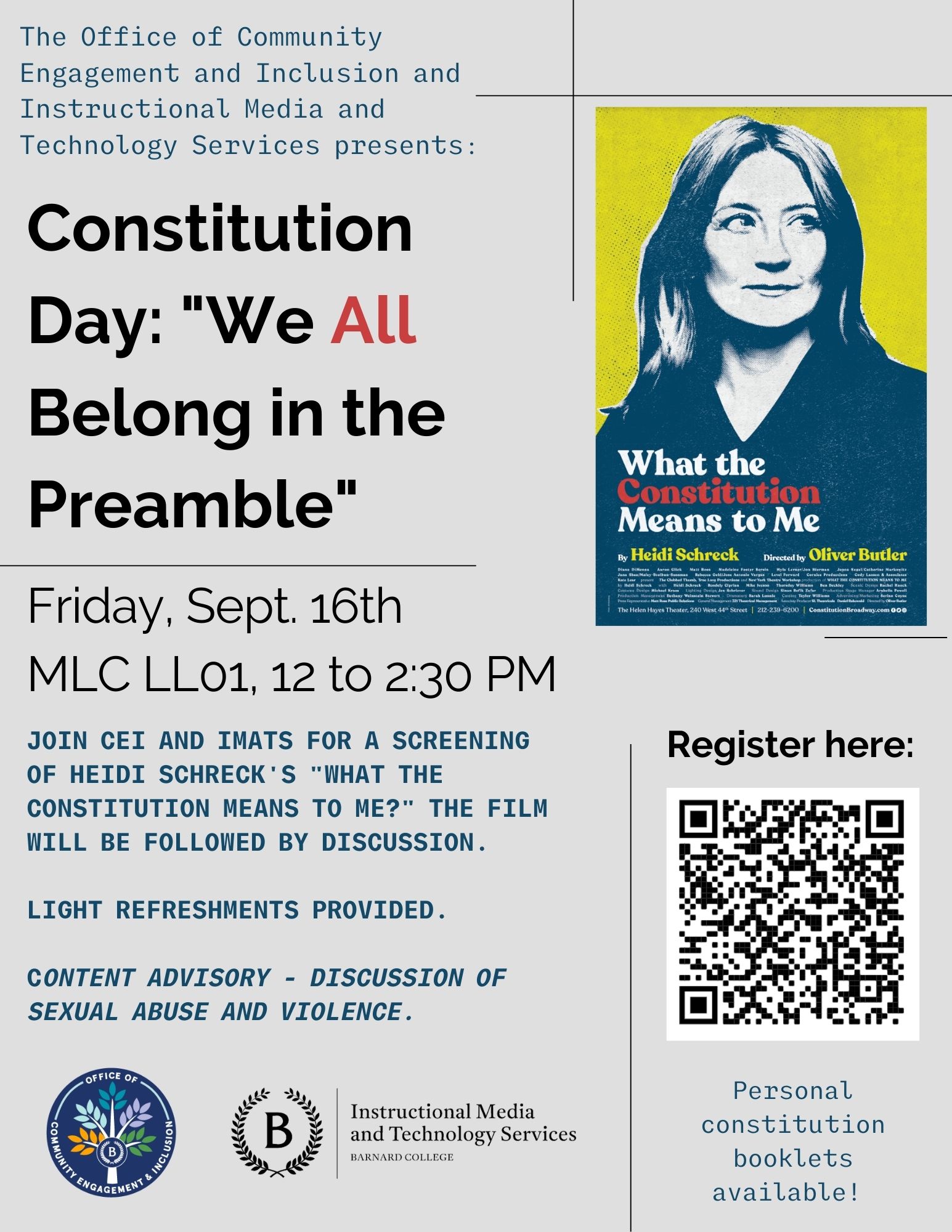 Graphic with event details for Constitution Day: "We All Belong in the Preamble"