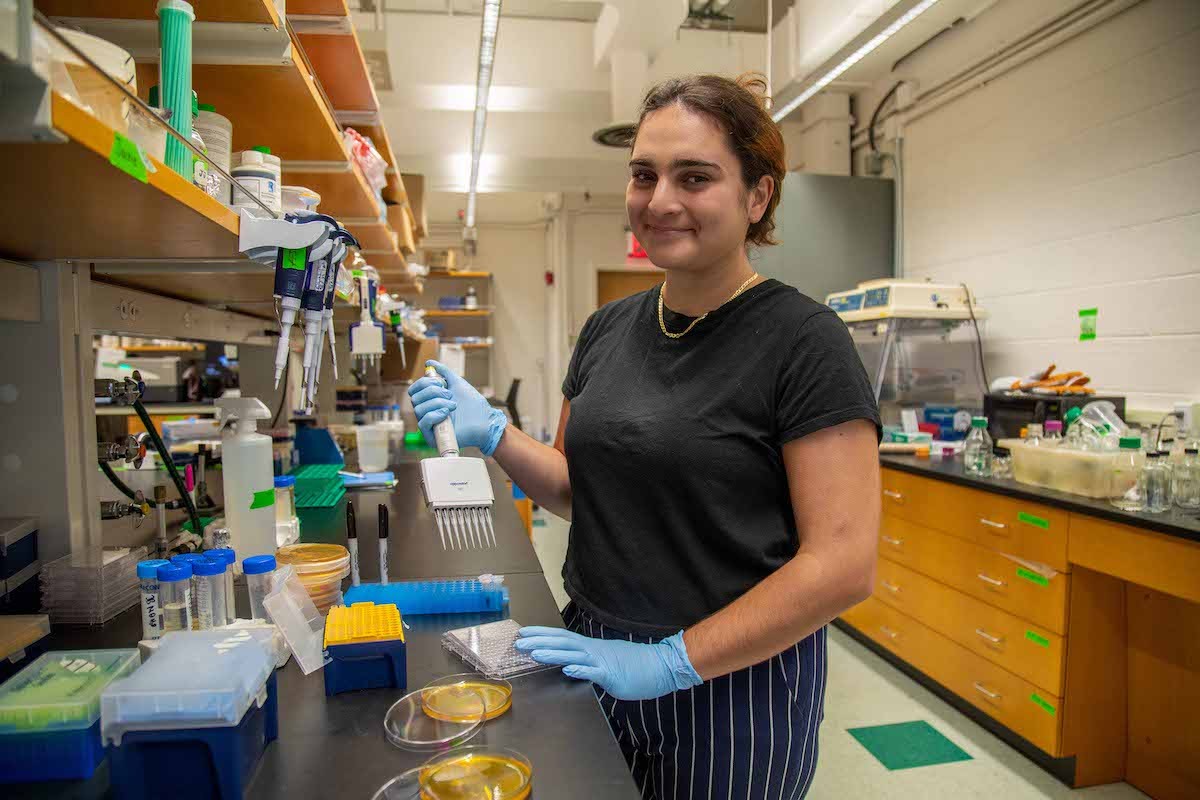‎Biology and film studies double major Jackie Balestrieri ’24, working in the  Lopatkin Lab