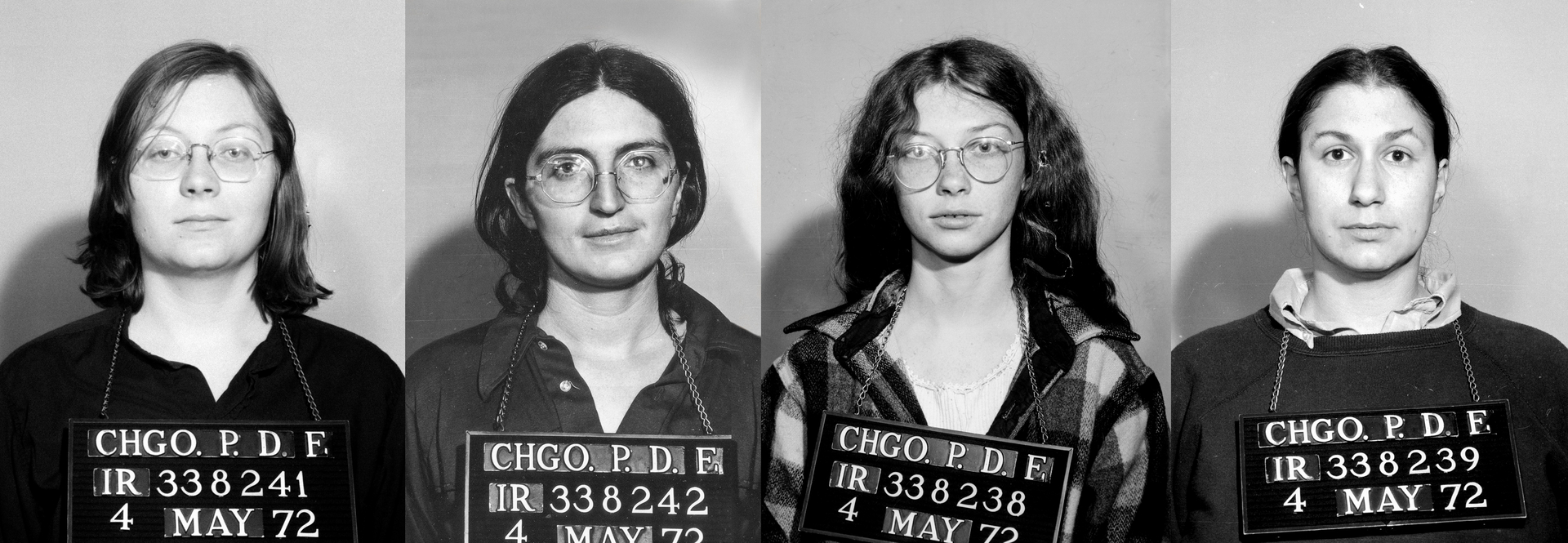 4 mug shots of Jane members after their 1972 arrest in Chicago