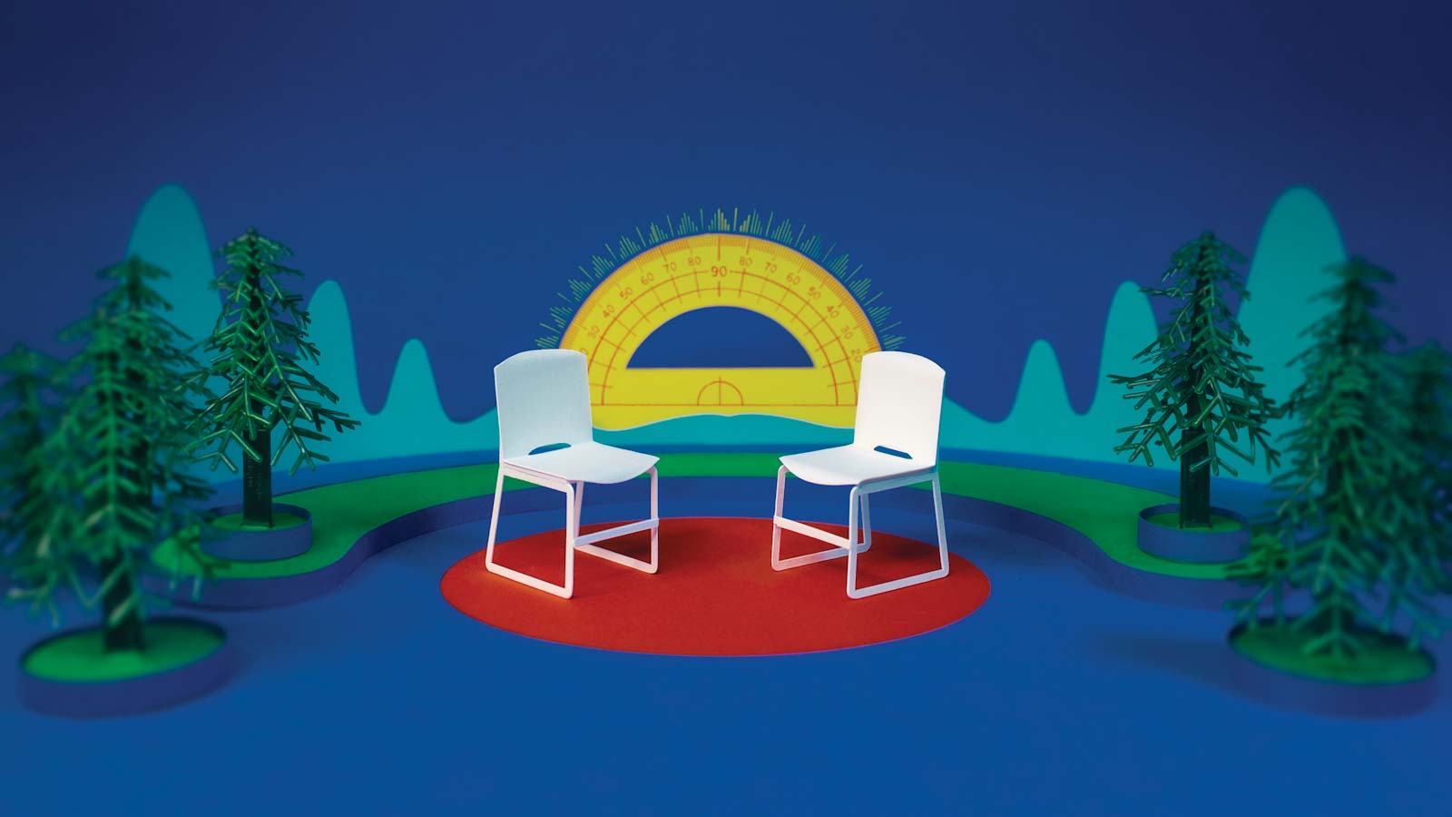 3D illustrtion of 2 empty chairs outside in nature