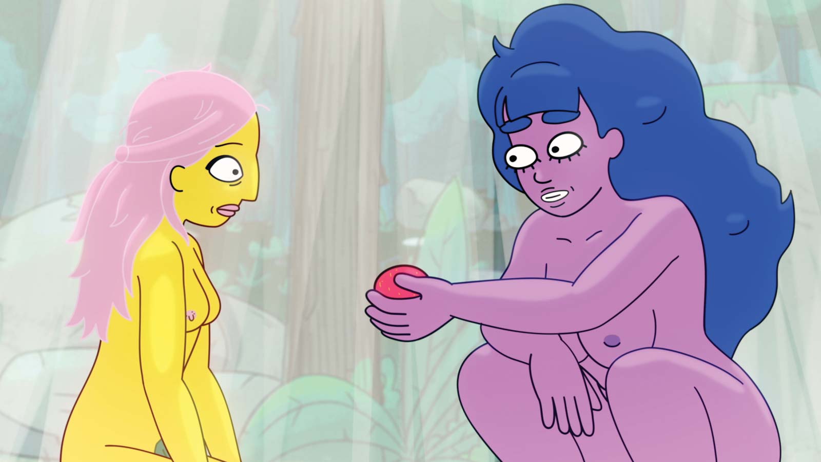 2 nude cartoon women, one handing an apple to the other