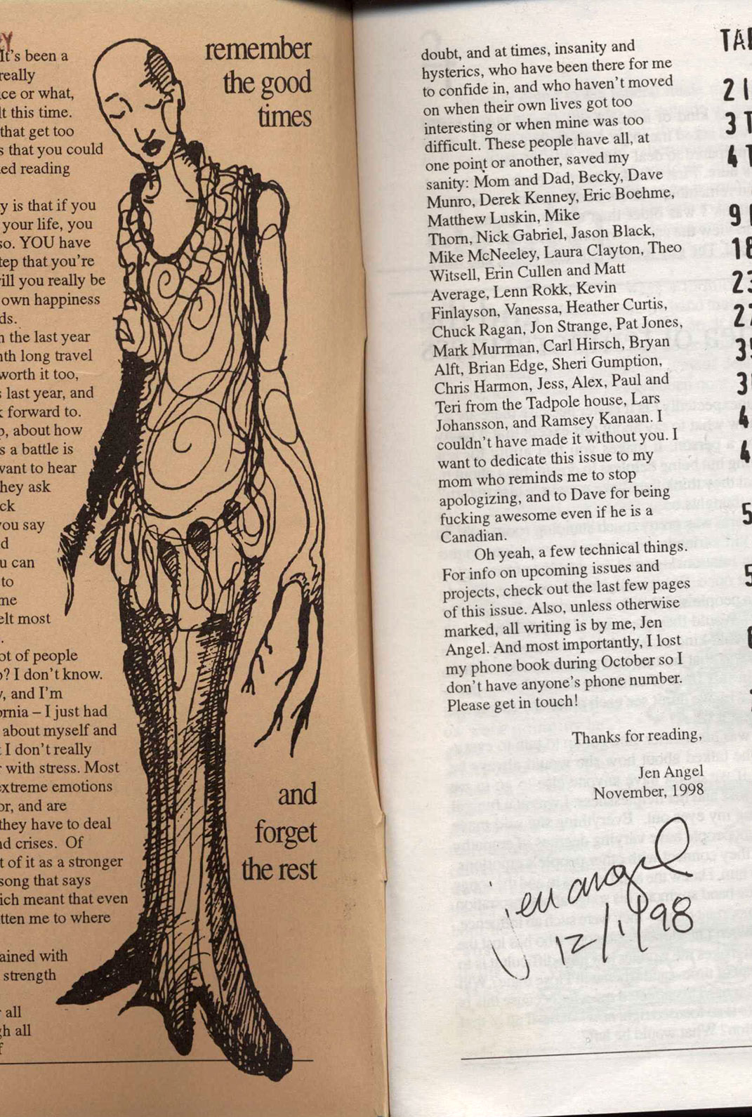 excerpt from zine intro: drawing of an androgynous anthropomorphic tree, text that reads "remember the good times...and forget the rest" on one page and on the other, a long list of thanks and Jen Angel's signature, dated 12/1/98
