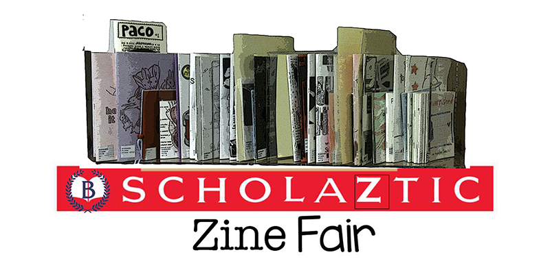shelf of zines, red banner that has the Barnard B followed by "SCHOLAZTIC" and underneath it "Zine Fair."