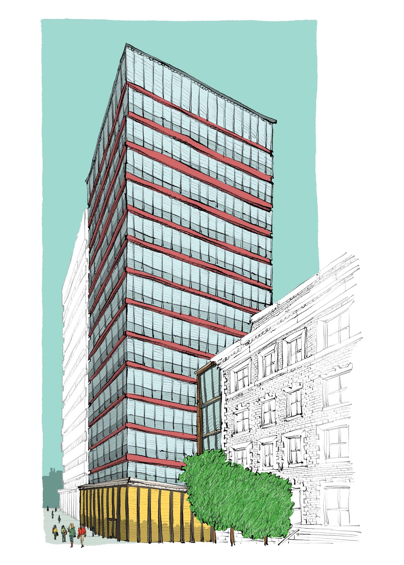 Roy and Diana Vagelos Science Center illustration showing a tall building with many windows nestled between existing buildings