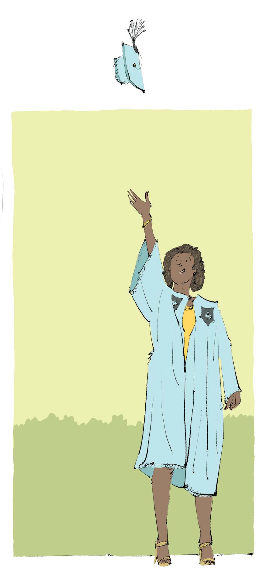 A student wearing graduation regalia tosses her cap in the air, illustration